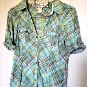 Girl Krazy Short Sleeve Button Down Green Plaid Top